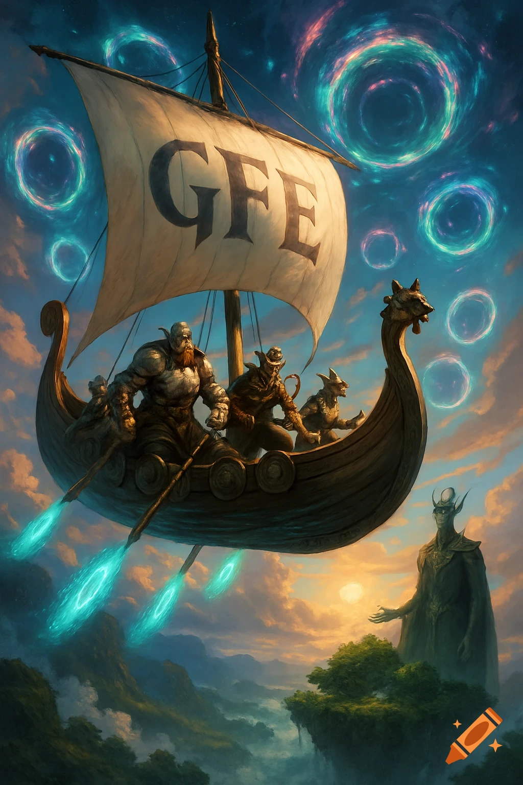 A fantasy flying Viking ship with 'GFE' on its sail carries adventurers over a fae lord on a floating island in a surreal, portal-filled sky.