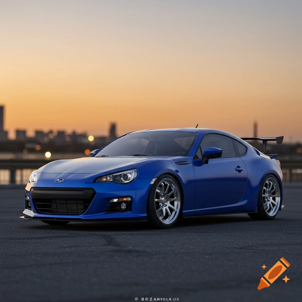 A blue Subaru BRZ sports car is parked on asphalt at sunset, with a city skyline in the background, photorealistic.