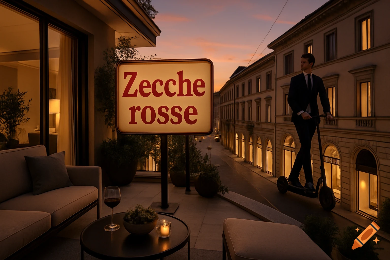 A photorealistic sunset view from a modern terrace, overlooking a city street with a man on an electric scooter and a sign reading 'Zecche rosse'.