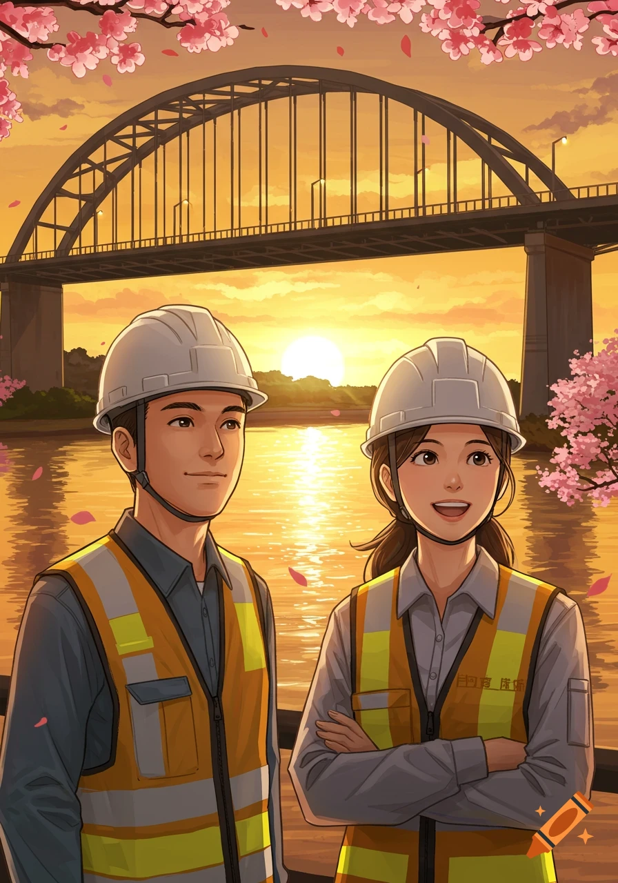 Anime illustration of two engineers in hard hats and vests by a river, with a bridge and cherry blossoms at sunset.