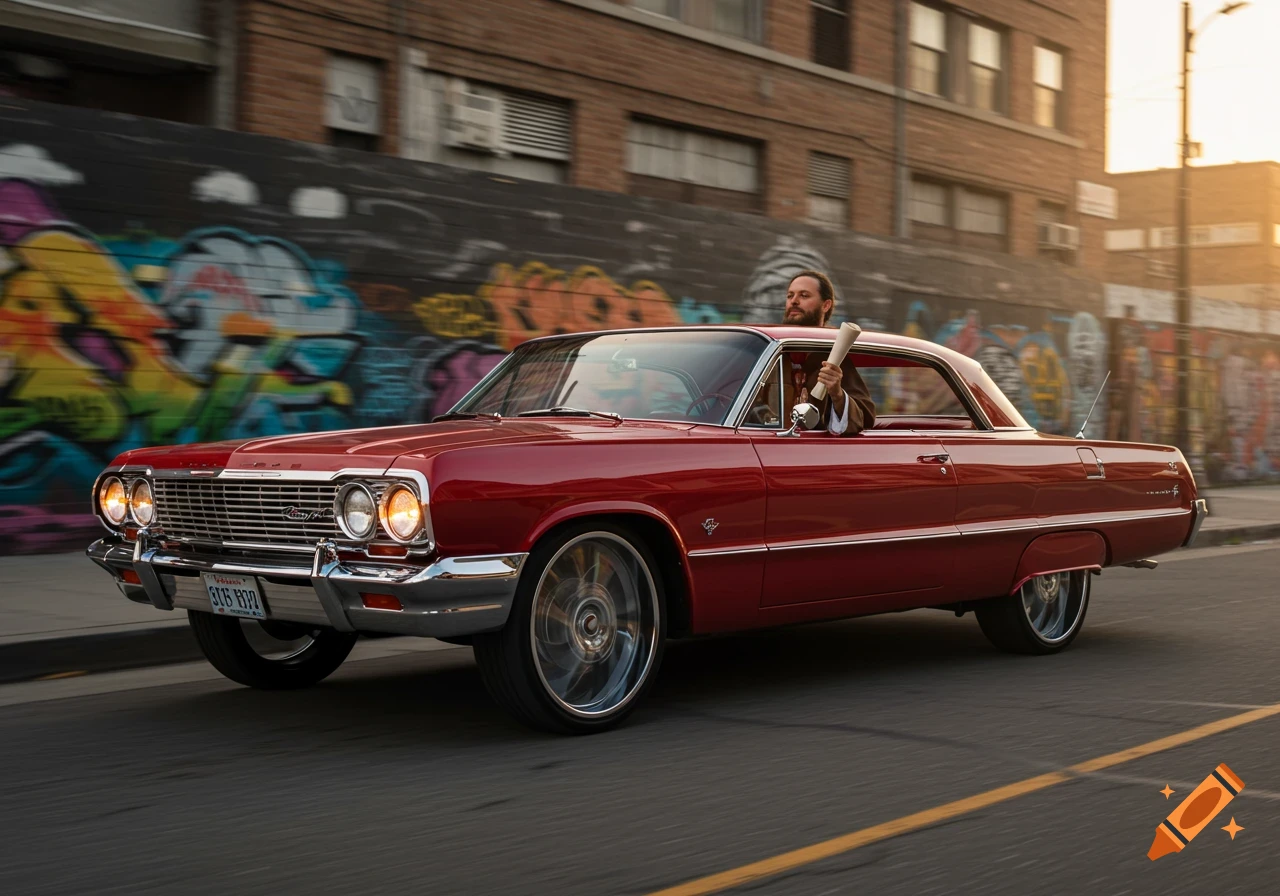 A man in a brown suit drives a red vintage Chevrolet Impala past a graffiti-covered wall at sunset.