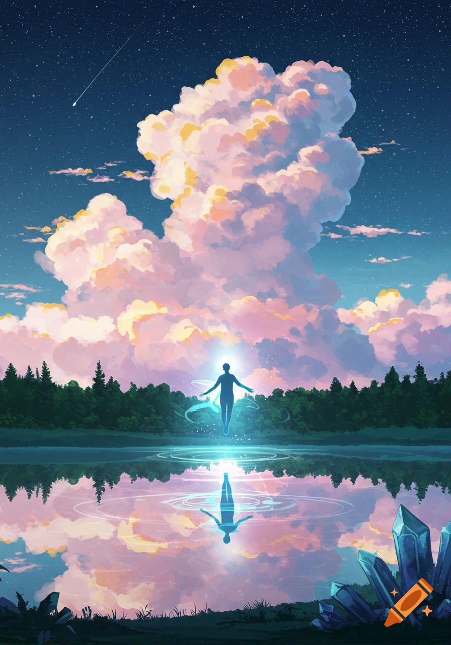 A glowing silhouetted figure floats above a reflective lake under a starry night sky with vibrant clouds, forests, and crystals in an anime style.