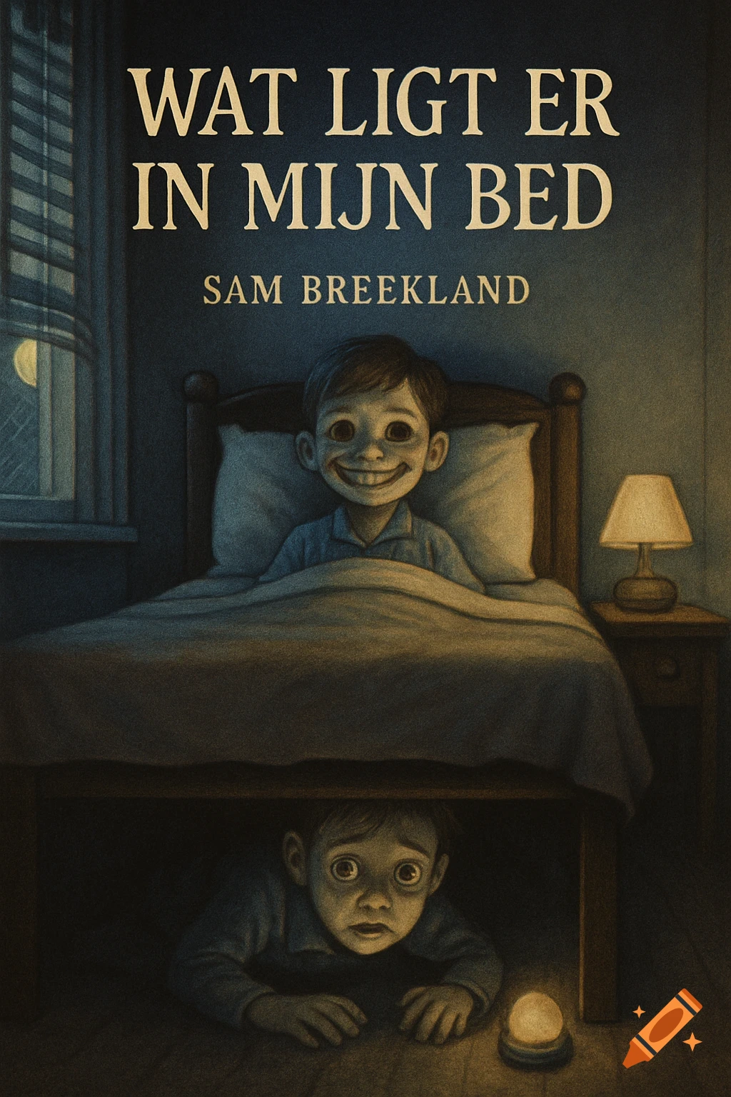 An unsettling illustration of a smiling boy in bed and a scared boy hiding underneath, a book cover titled 'WAT LIGT ER IN MIJN BED'.