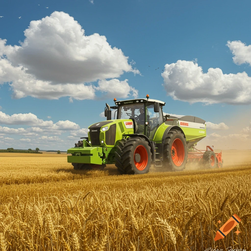 A photorealistic green Claas Xerion tractor with red wheels works in a golden wheat field under a blue sky.