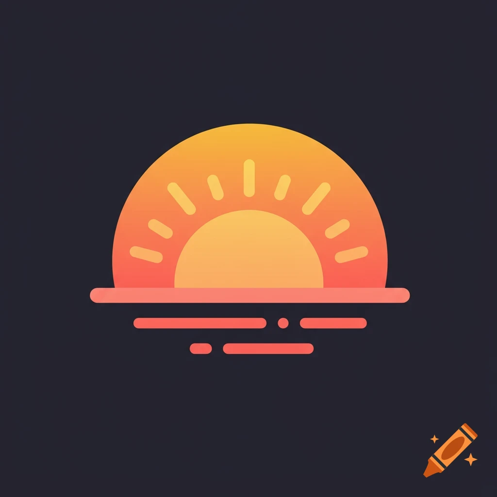 A minimalist icon of an orange and yellow sun rising or setting over a dark horizon against a dark background.