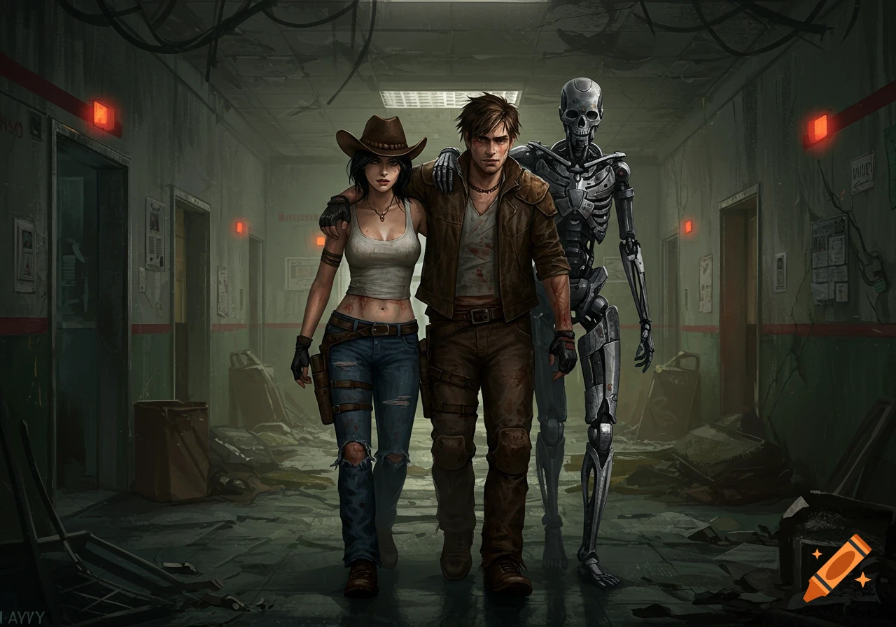 A woman in a cowboy hat and ripped jeans partially carrying an injured man, both aided by a robotic skeleton, walk through a dark, ruined hospital hallway in a D&D art style.