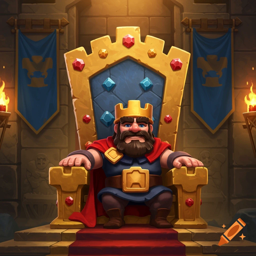 A cartoon king with a golden crown and red cape sits on an ornate golden throne in a castle room.