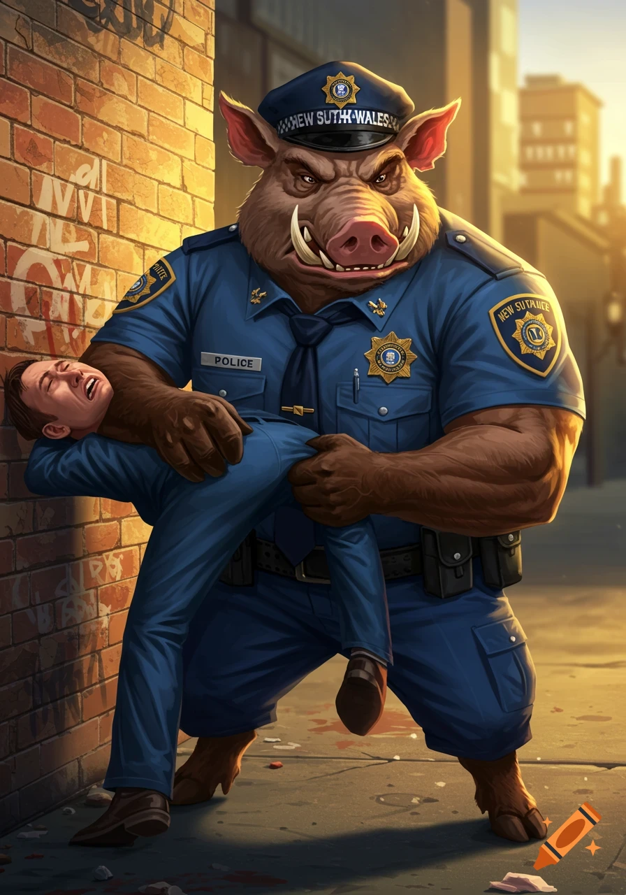 An anthropomorphic pig police officer, wearing a blue uniform, forcefully holds a man by the neck against a brick wall, snarling. The man appears distressed, and the scene is set in an urban alley with warm lighting.
