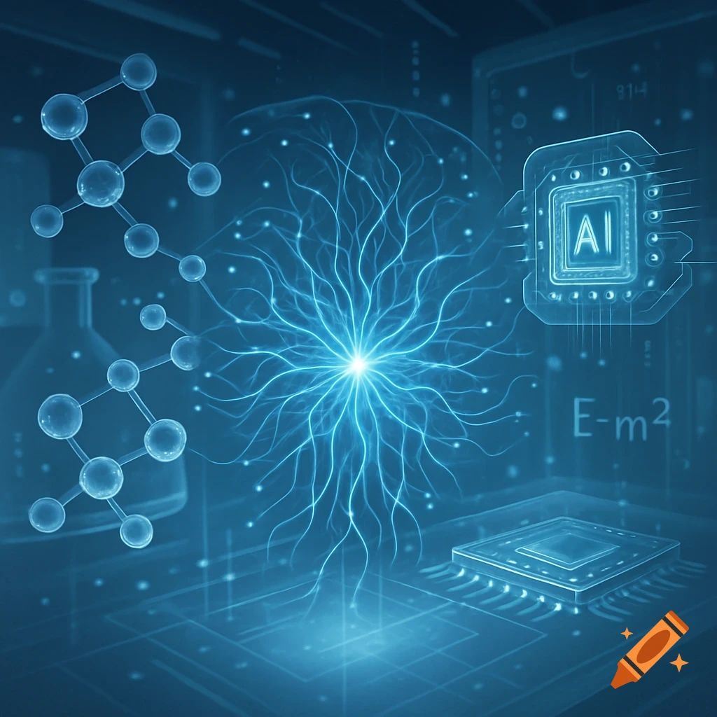 Blue abstract image showing AI chip, neural network, and molecular structures, symbolizing science and machine learning.