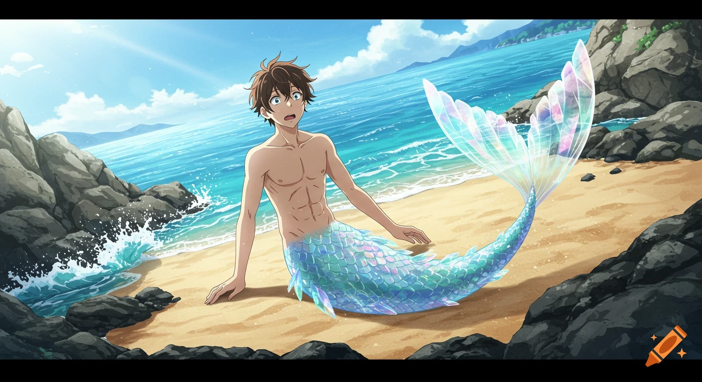 Anime merman with a shimmering tail sits on a sandy beach, looking surprised at his tail as ocean waves lap at the shore.