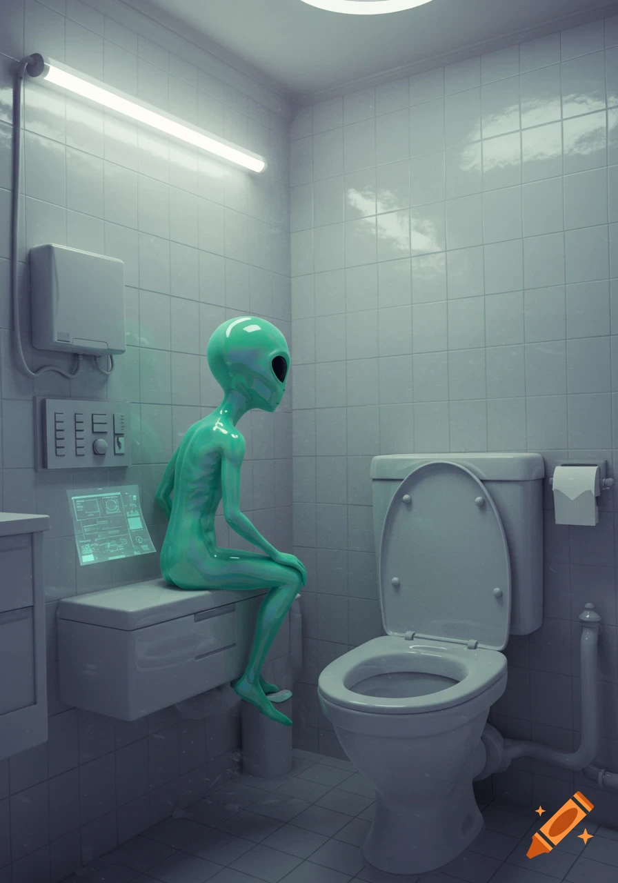 A teal-green alien with large black eyes sits on a counter in a sterile white-tiled bathroom, looking at a toilet.