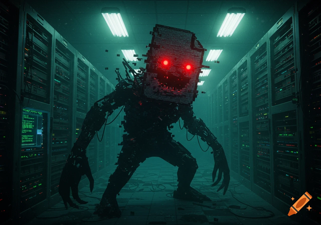 A menacing glitch monster with glowing red eyes and a blocky head stands in a dark, teal-lit server room lined with glowing racks.