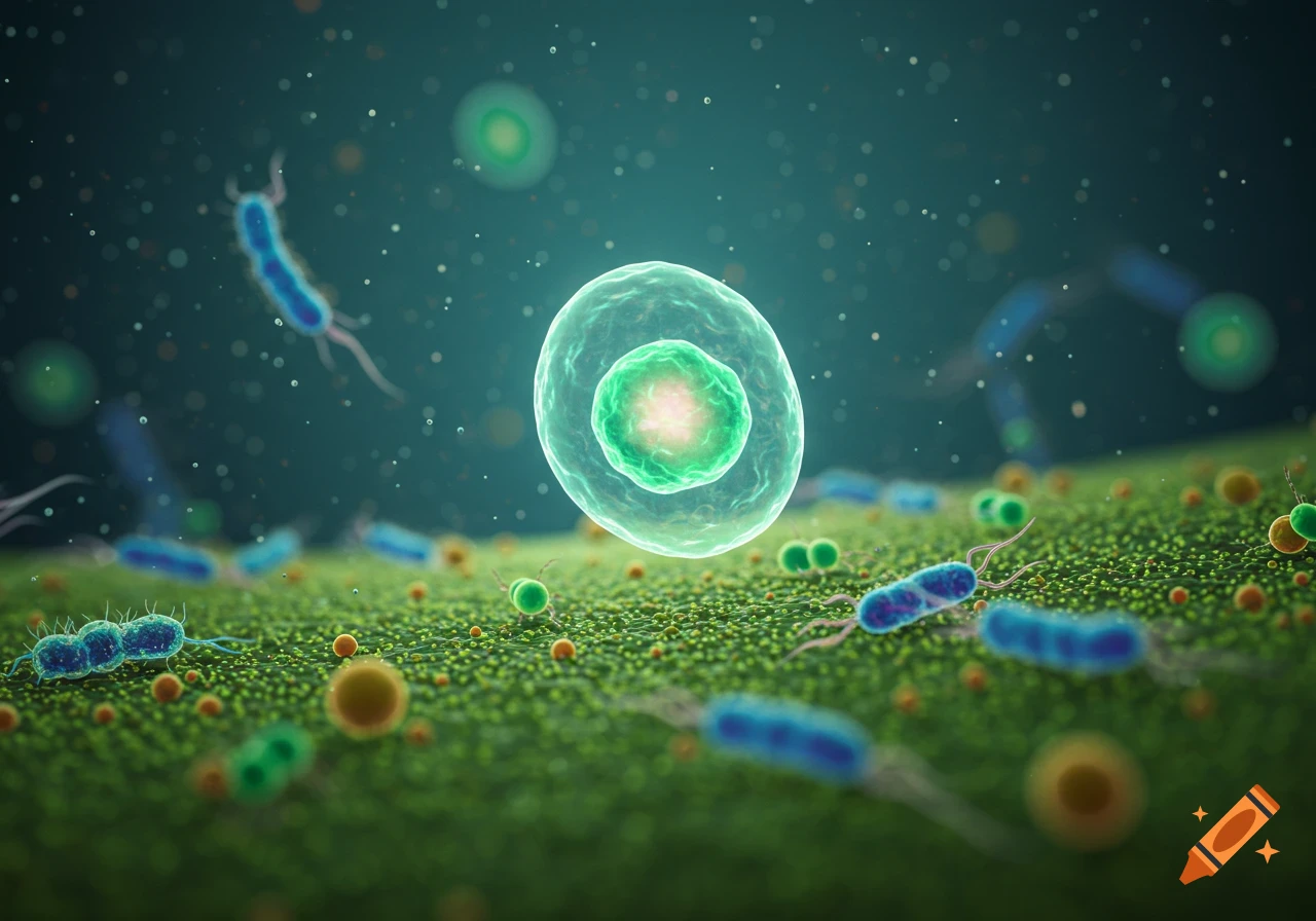 A microscopic view of various cells and bacteria on a textured green surface, with a large translucent glowing cell in the center.