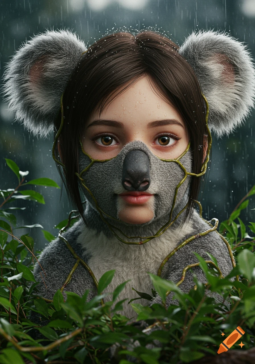 Hyperrealistic portrait of a young girl with koala features and fur, covered in green vines, with rain falling.
