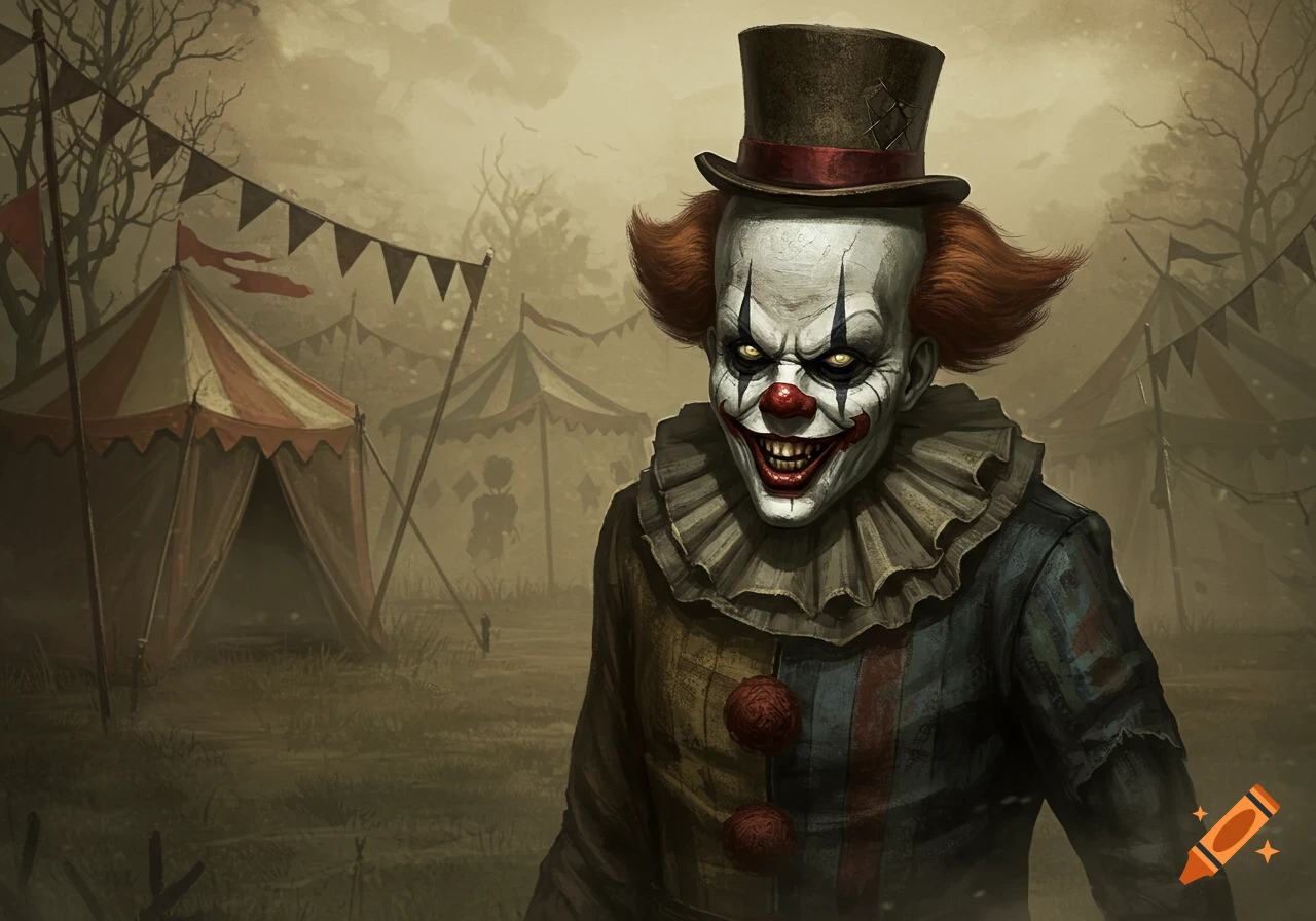 A menacing clown with a top hat and glowing yellow eyes smiles eerily in a desolate, foggy carnival setting.