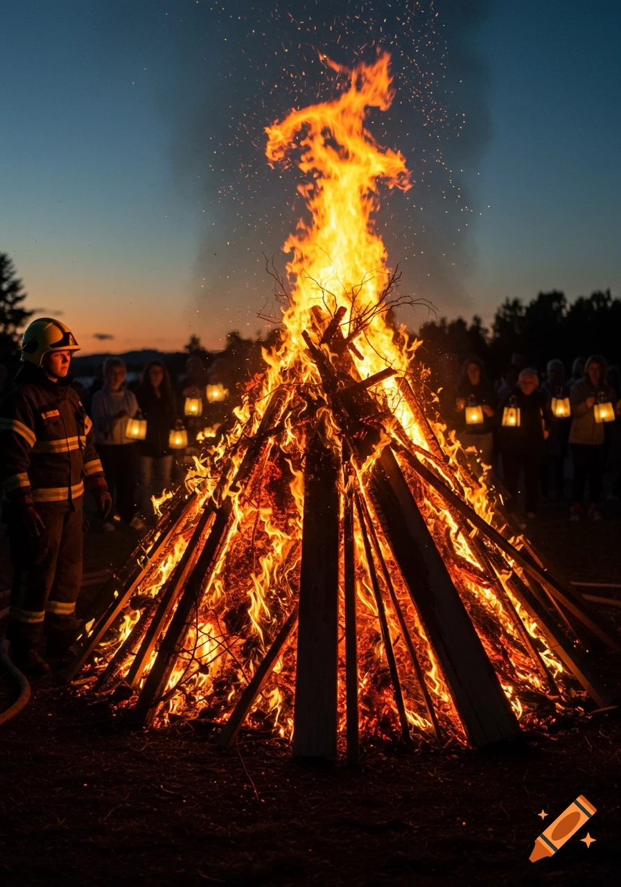 Photorealistic image of a large bonfire burning at dusk. A firefighter stands nearby, and blurred people with lanterns watch.