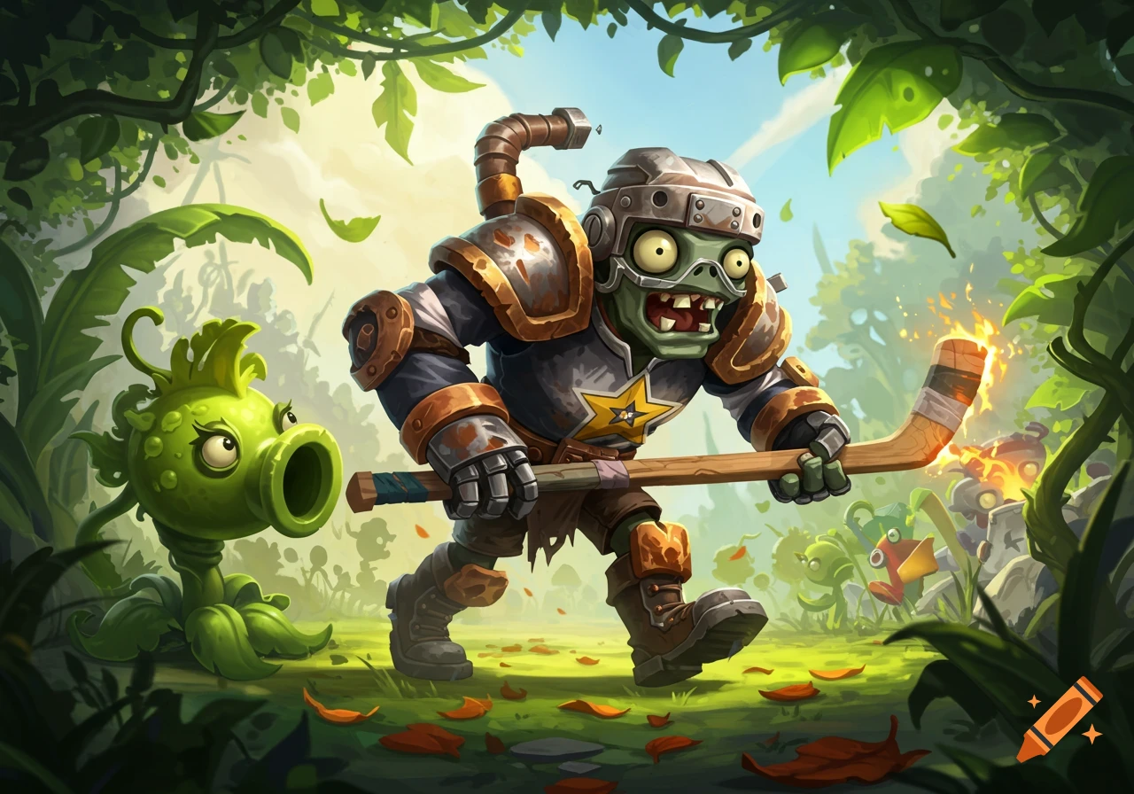 A cartoon zombie hockey player with a flaming stick walks past a peashooter plant in a vibrant jungle setting.
