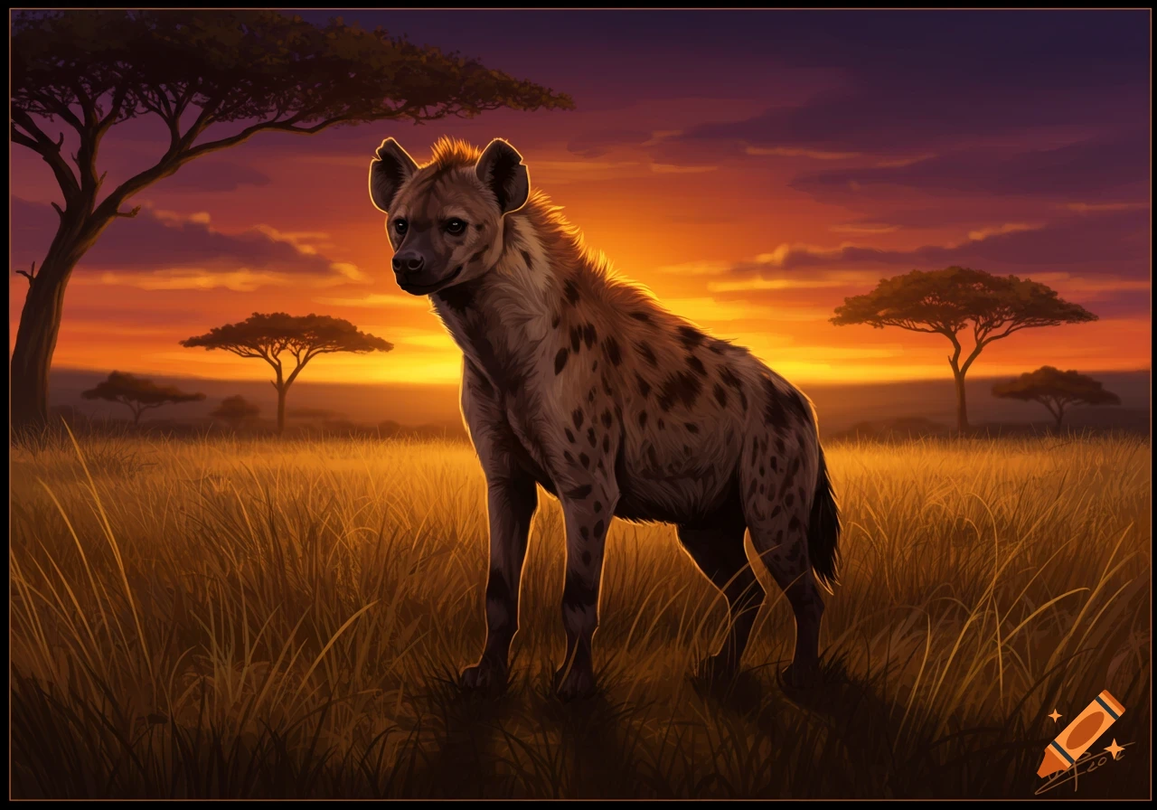 A spotted hyena stands in tall grass on a savanna during a vibrant sunset with acacia trees.