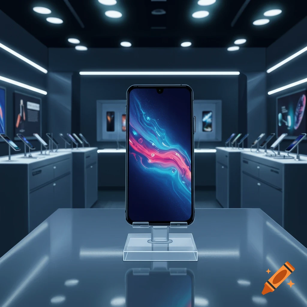 A smartphone with a blue and pink abstract wallpaper on a clear display stand in a modern, dark-toned electronics store.