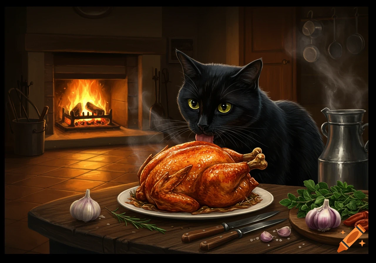 An illustration of a black cat with yellow eyes licking a whole roasted chicken on a table in a cozy kitchen with a lit fireplace.