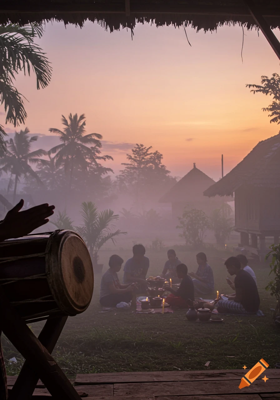 A group of people gather on misty grass at sunset or sunrise, surrounded by palm trees and traditional houses, with a drum in the foreground.