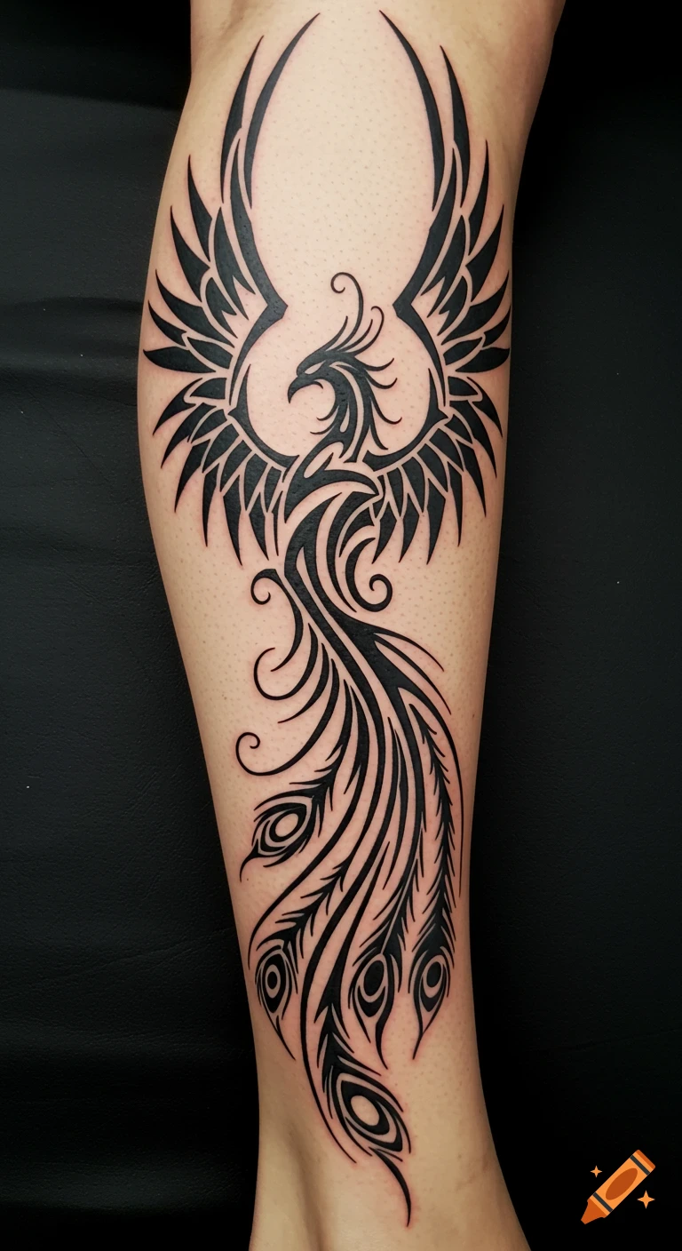 Black tribal phoenix tattoo with spread wings and a long feathered tail on a calf.