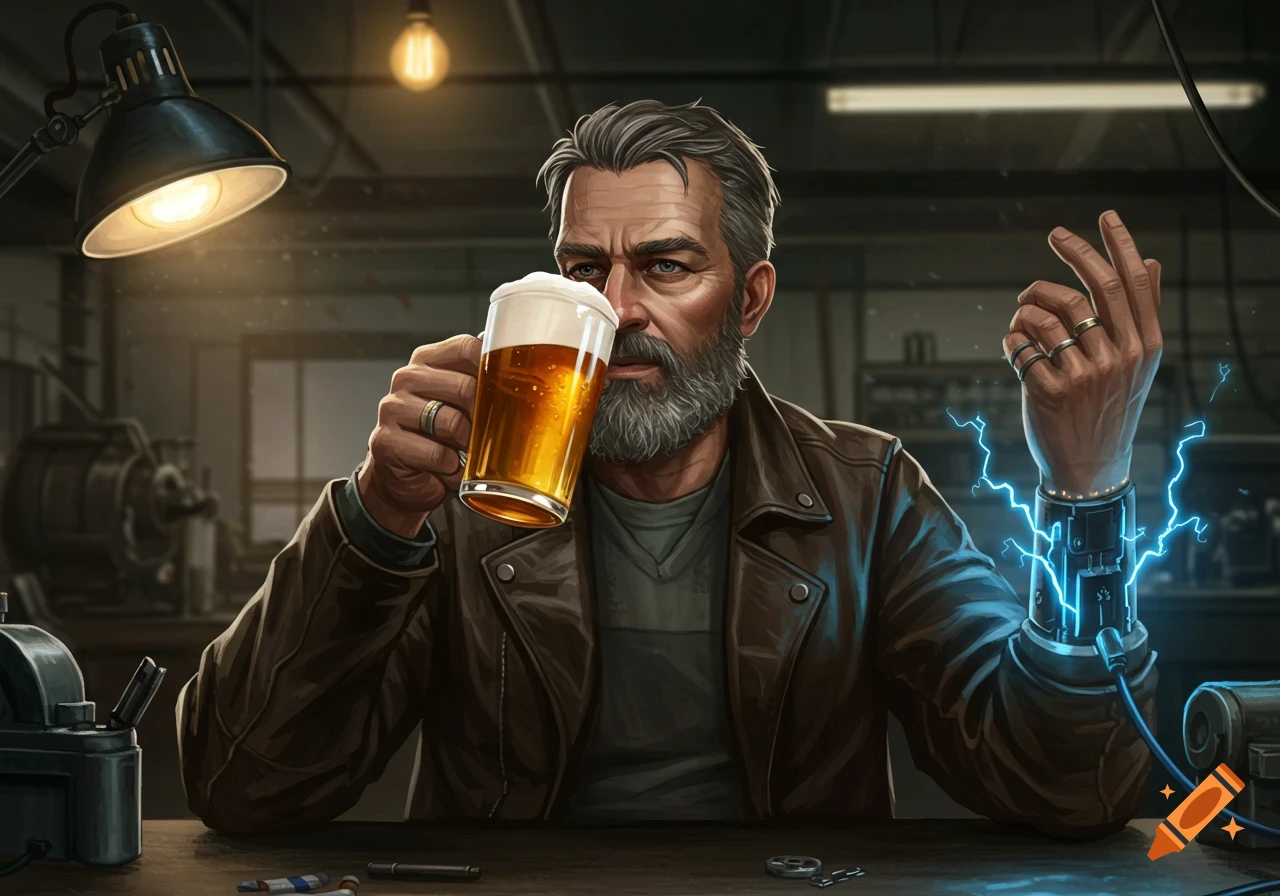 Detailed illustration of a middle-aged bearded man in a workshop, holding a beer mug, with blue electricity around his right wrist.
