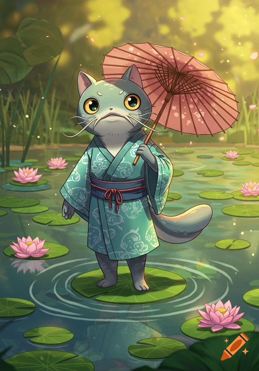 An anthropomorphic anime catfish in a green kimono holding a pink umbrella, standing on a lily pad in a pond with pink lotus flowers.
