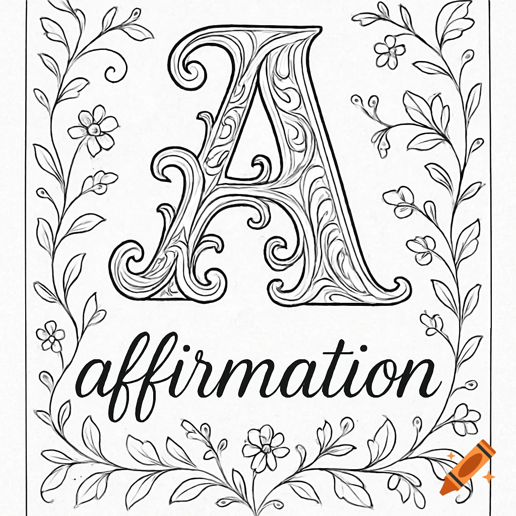 Black and white coloring book illustration featuring a decorative capital 'A' with scrollwork, surrounded by floral vines. Below it, the word 'affirmation' is written in a script font.