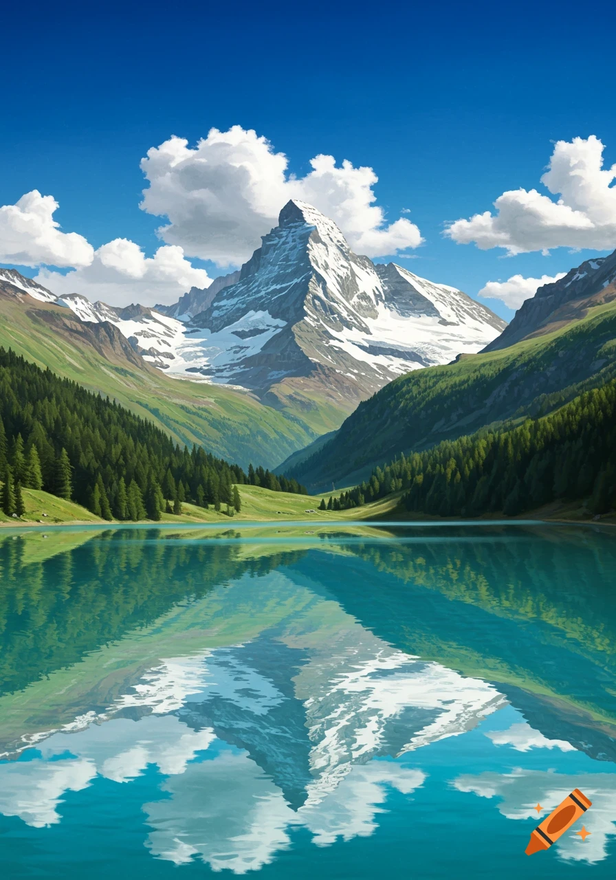 A vibrant mountain lake reflects a snow-capped peak, surrounded by green forests under a blue sky with fluffy clouds.