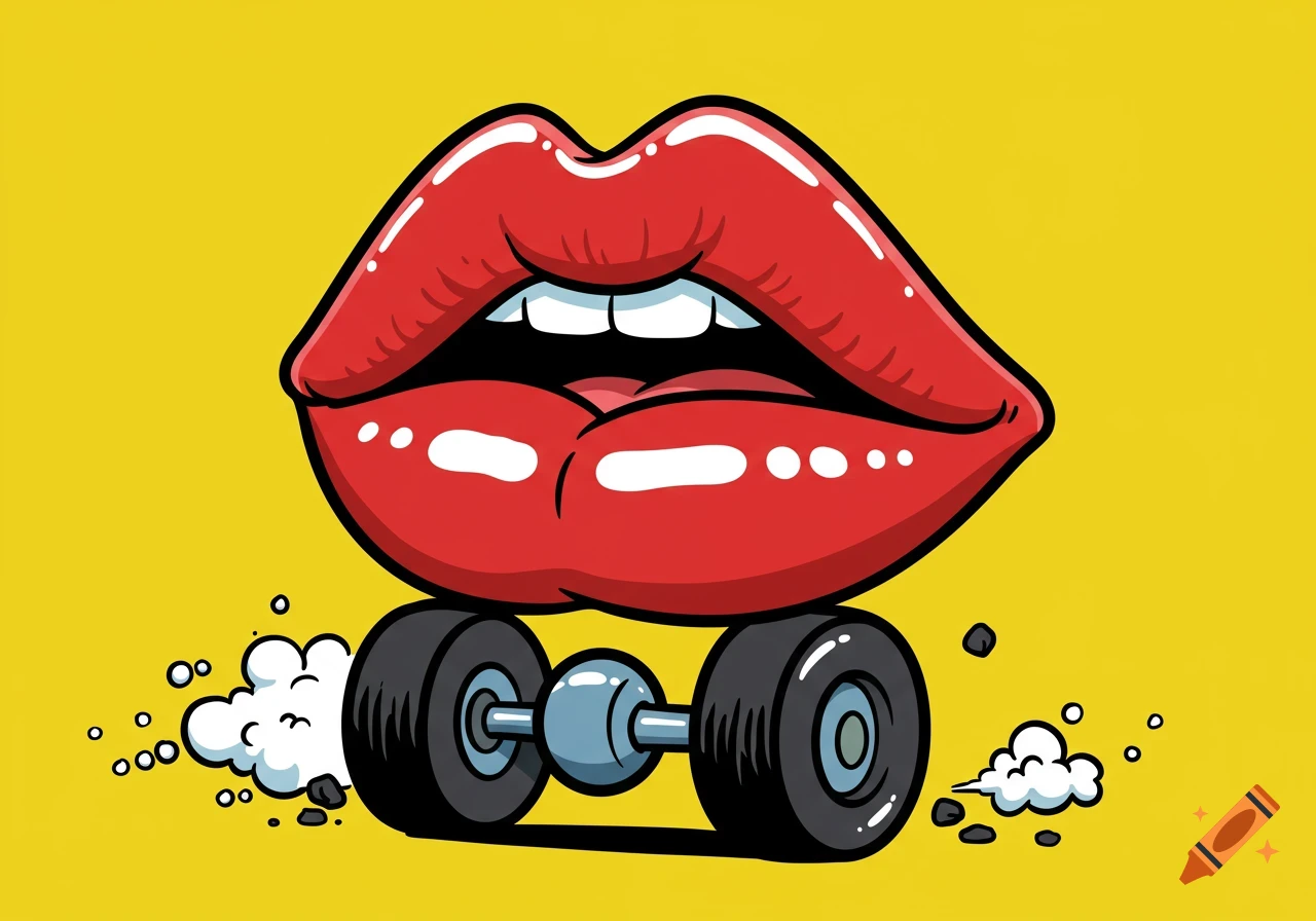 Pop art illustration of shiny red lips on two cartoon car wheels against a yellow background, with smoke puffing from the tires.