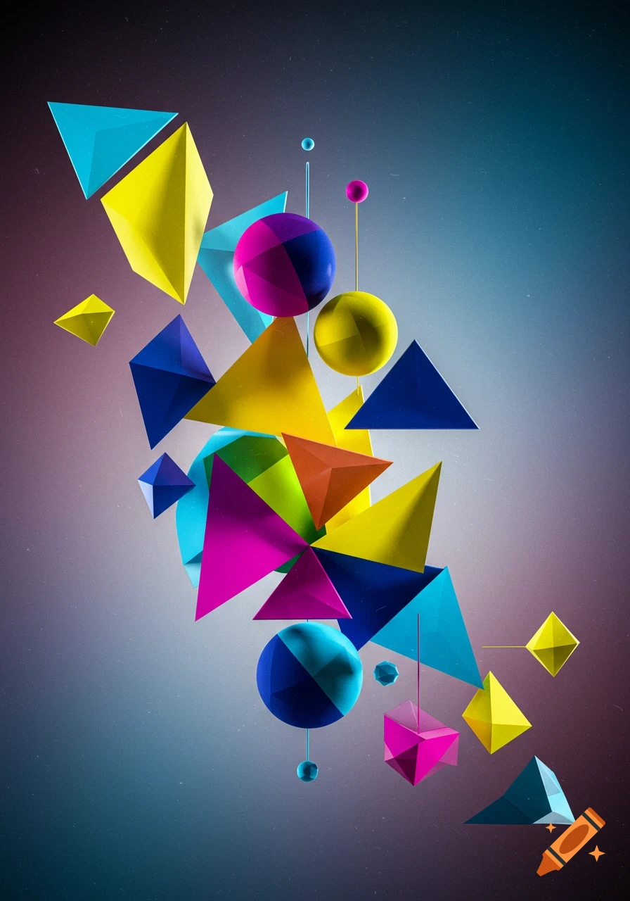 Colorful, glossy geometric shapes including triangles, spheres, and polyhedrons float against a vibrant gradient background.