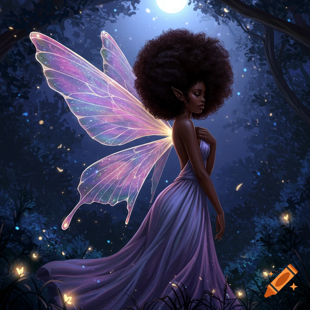 A dark-skinned fairy with a huge afro and glowing purple-blue wings stands in a mystical moonlit forest.