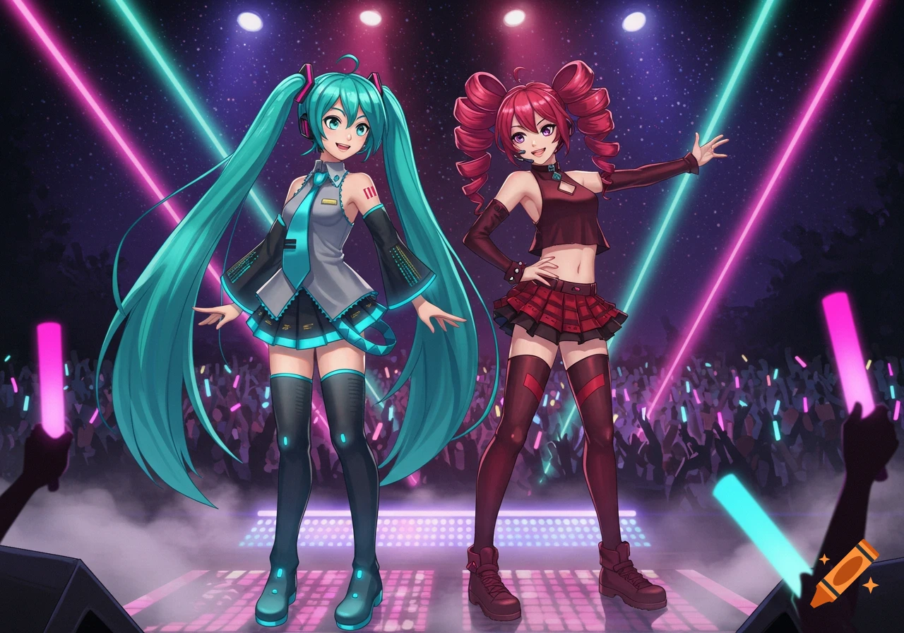 Anime characters Hatsune Miku and Kasane Teto perform on a vibrant stage under neon lights, with a cheering crowd.