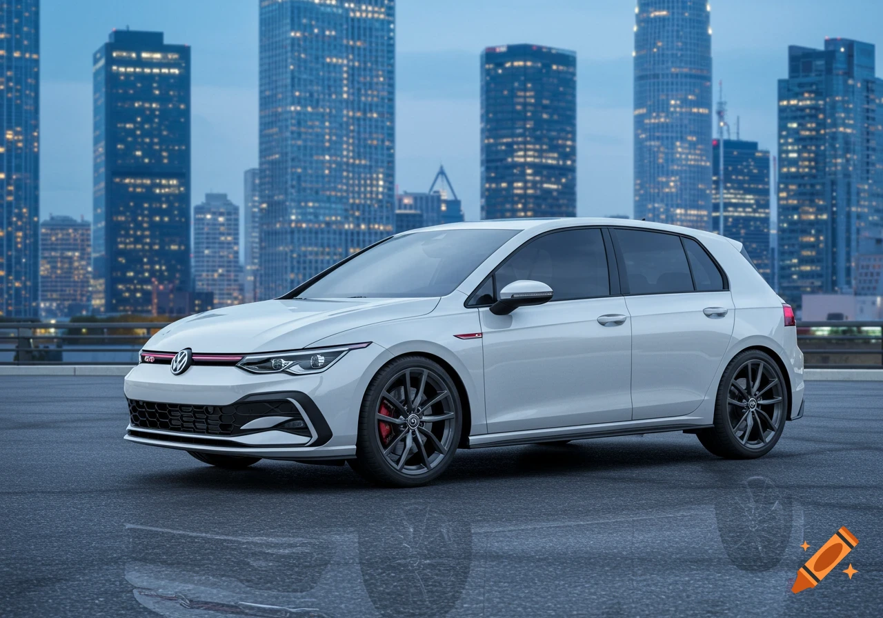 White 2021 Volkswagen GTI parked on an urban street with a modern cityscape backdrop, photorealistic.