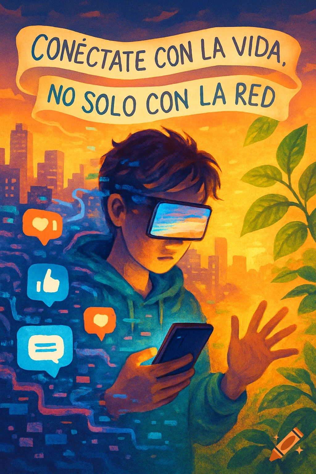 Digital art of a person in VR glasses holding a phone, surrounded by social media icons, city, and plants. Banner: 'Connect with life, not just the network'.