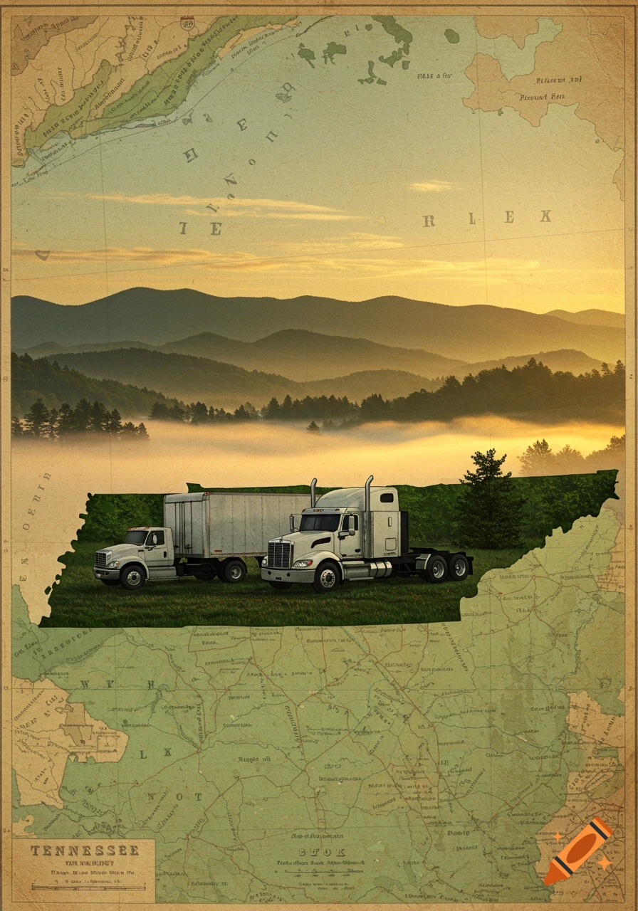 An antique map of the eastern US with the state of Tennessee cut out, showing a box truck, a semi-truck, and foggy mountains at sunrise.
