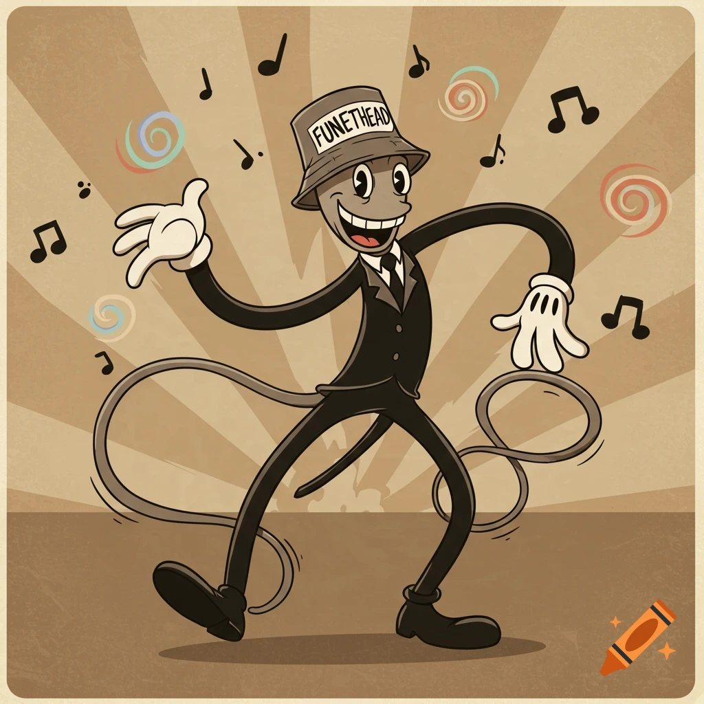 A retro rubberhose cartoon character wearing a bucket hat with 'FUNETHEAD' written on it, dancing amidst musical notes and colorful spirals on a vintage-style background.