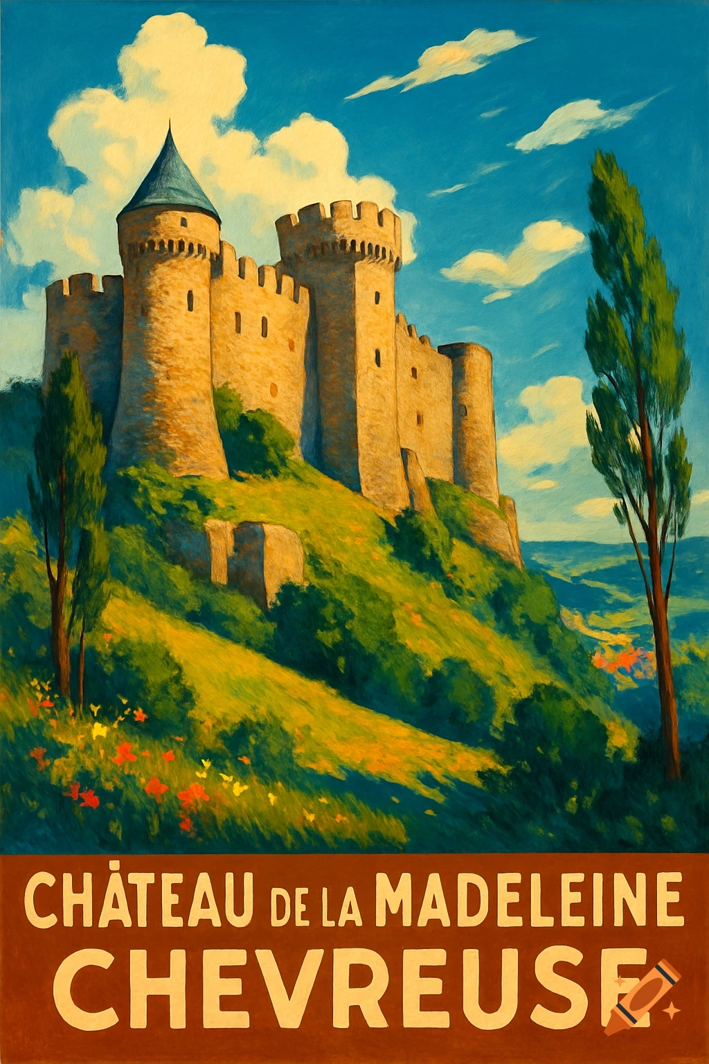 Vintage travel poster of Château de la Madeleine, Chevreuse, showing a castle on a green hill under a blue sky.