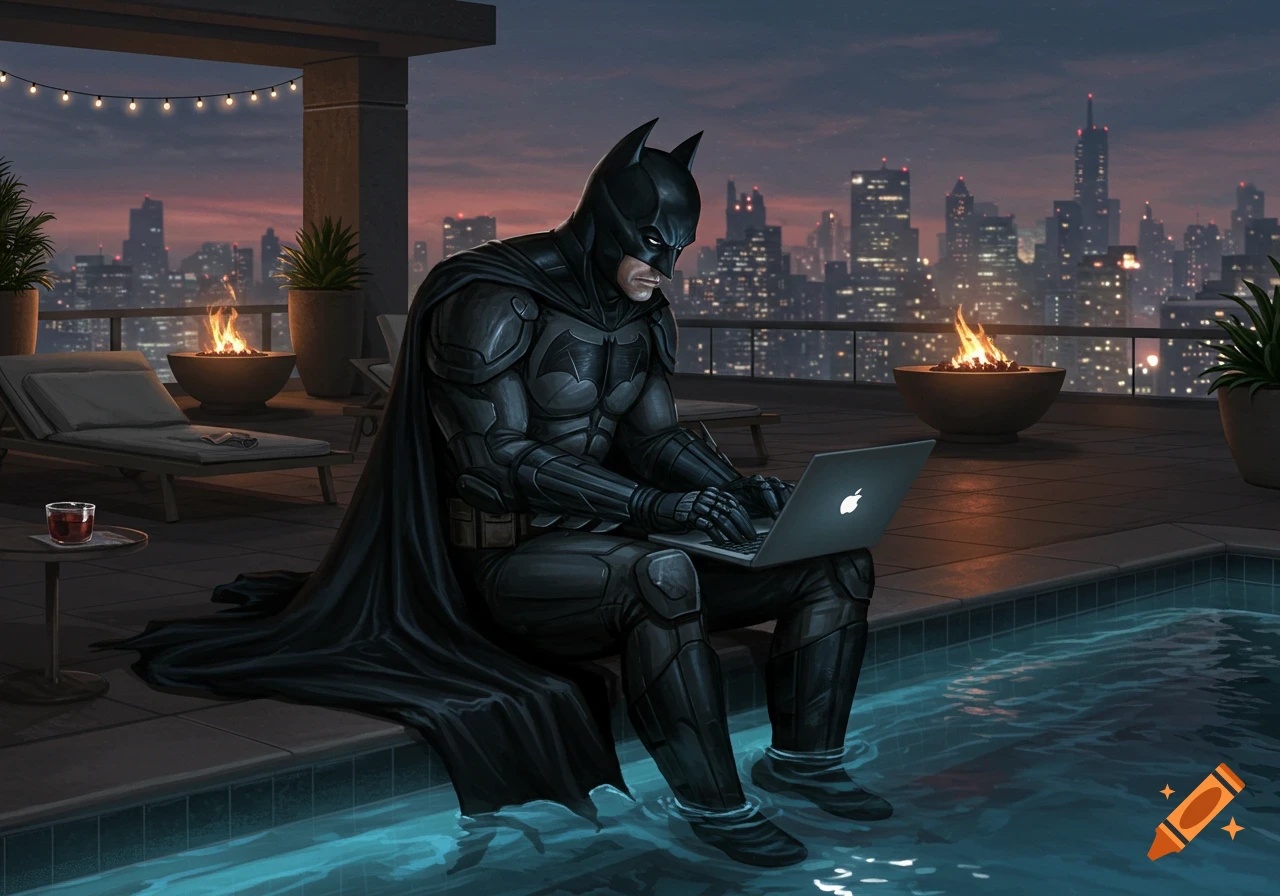 Batman in full suit sits by a rooftop pool at dusk, typing on a laptop with his feet in the water, city skyline in background.