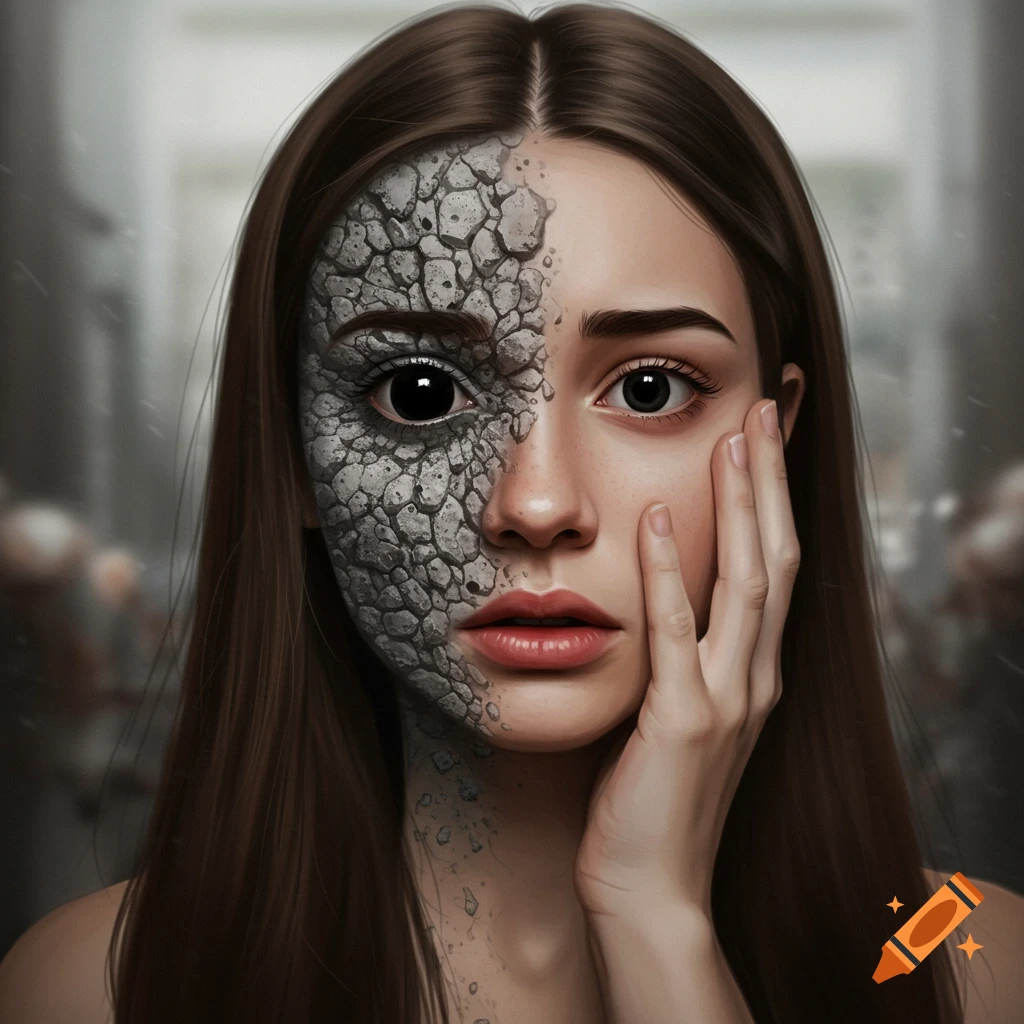 A woman with half her face covered in cracked grey skin and a black eye, holding her panicked-looking face.