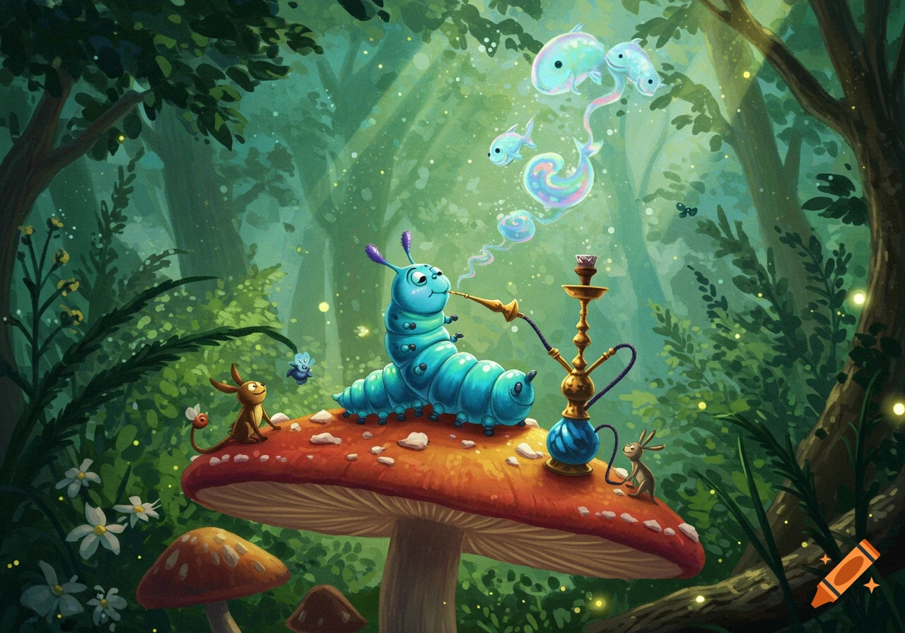 A blue caterpillar resembling Absolem smokes a hookah, blowing fish-shaped bubbles in a whimsical, glowing forest scene.