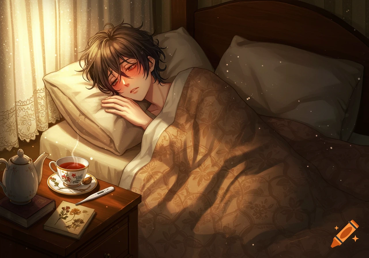 An anime boy with flushed cheeks lies sick in bed under a blanket, with a cup of tea and a thermometer on the nightstand.