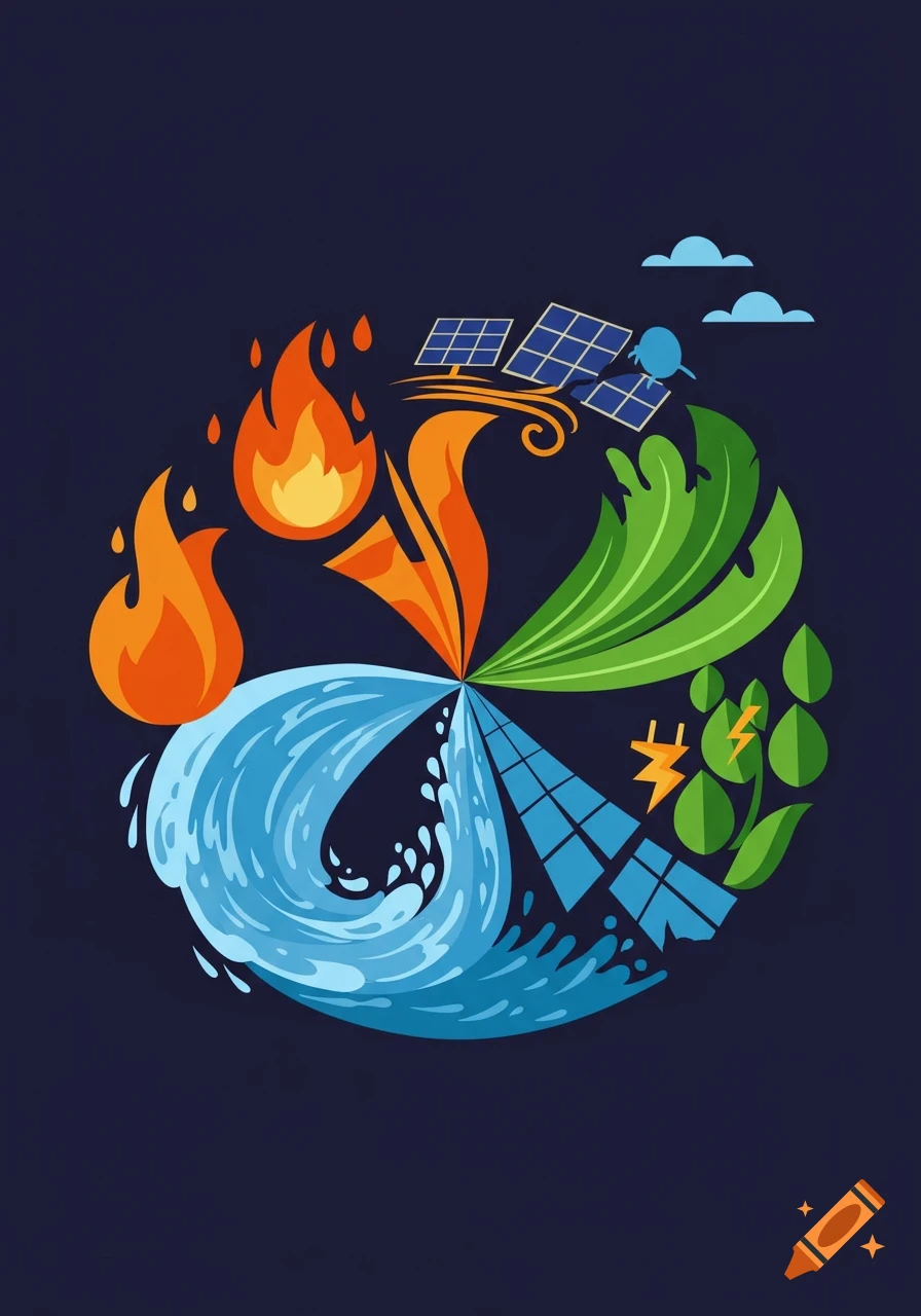A circular illustration with abstract segments depicting fire, swirling water, solar panels, and green leaves with lightning bolts, on a dark blue background.