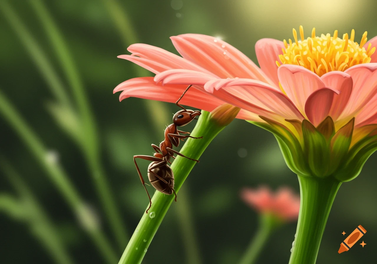 A brown ant climbs the green stem of a pink and yellow flower against a blurred green background, illustrated.