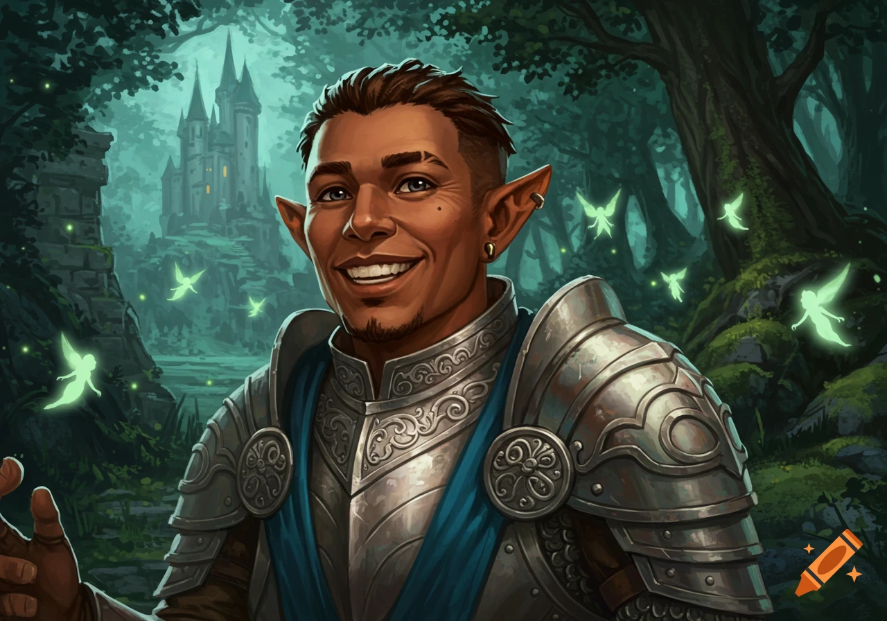 A smiling elf-like character in ornate armor stands in a magical forest with a castle and glowing fairies in the background, digital art.