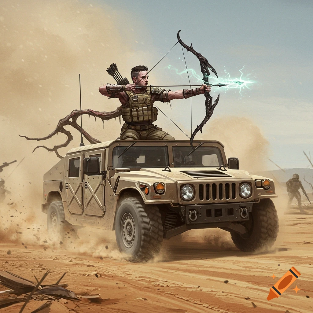 A soldier on a tan Humvee aims a glowing energy bow in a dusty desert battlefield. Digital art.