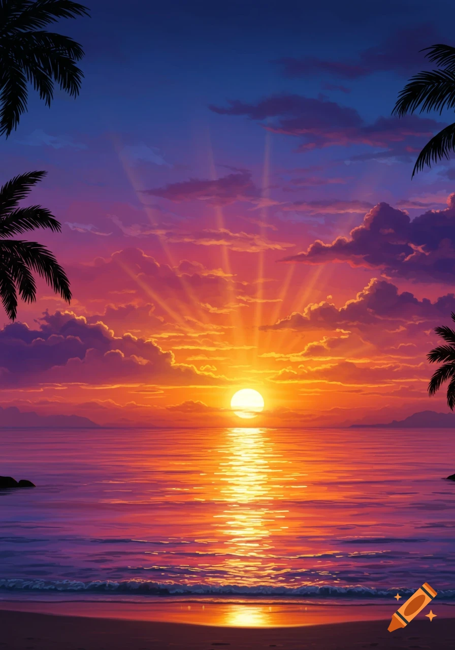 A vibrant tropical sunset over the ocean with palm tree silhouettes and the sun reflecting on the water, illuminating clouds.