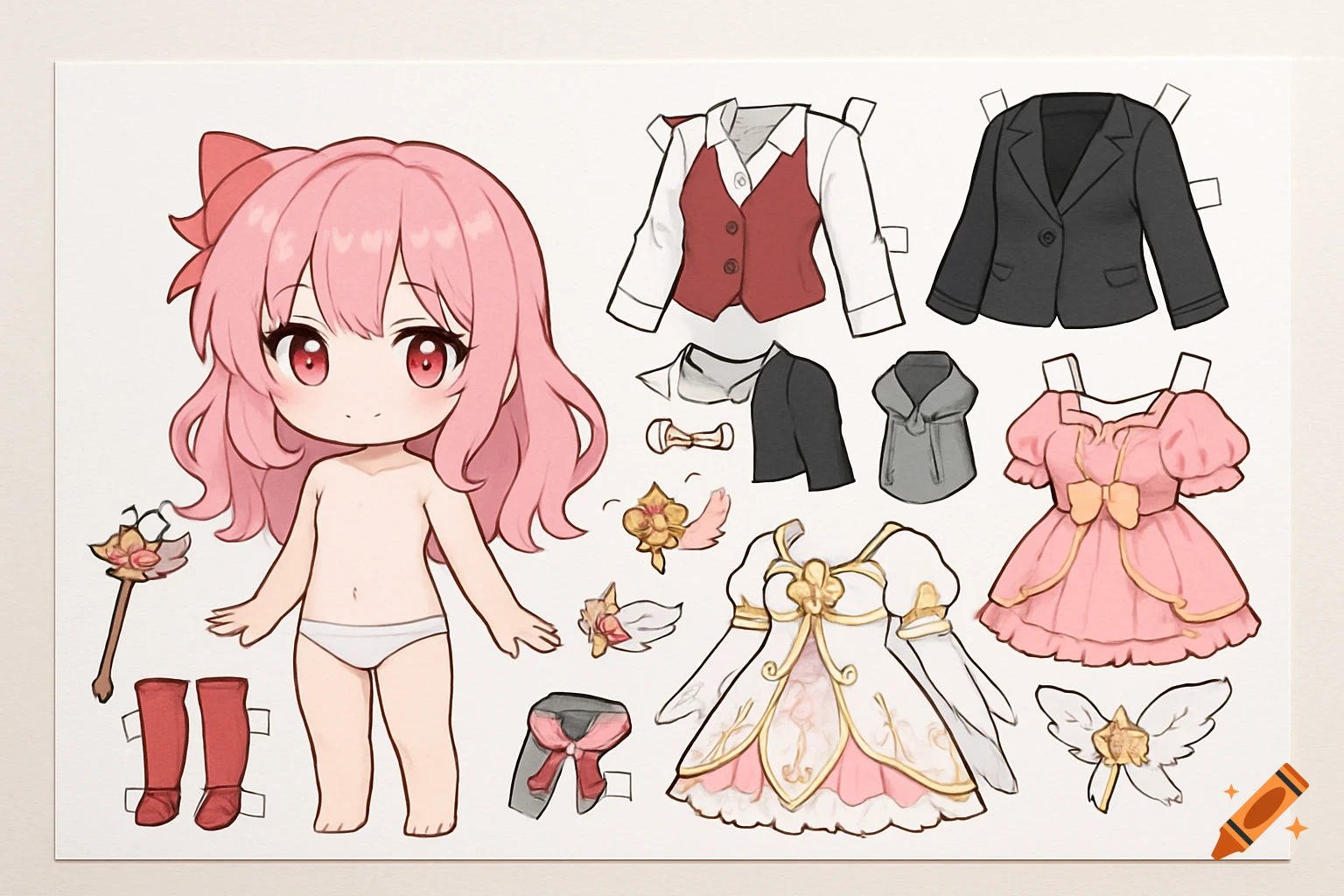 Chibi anime paper doll with pink hair in underwear, surrounded by various outfits and accessories with cut-out tabs on a white background.