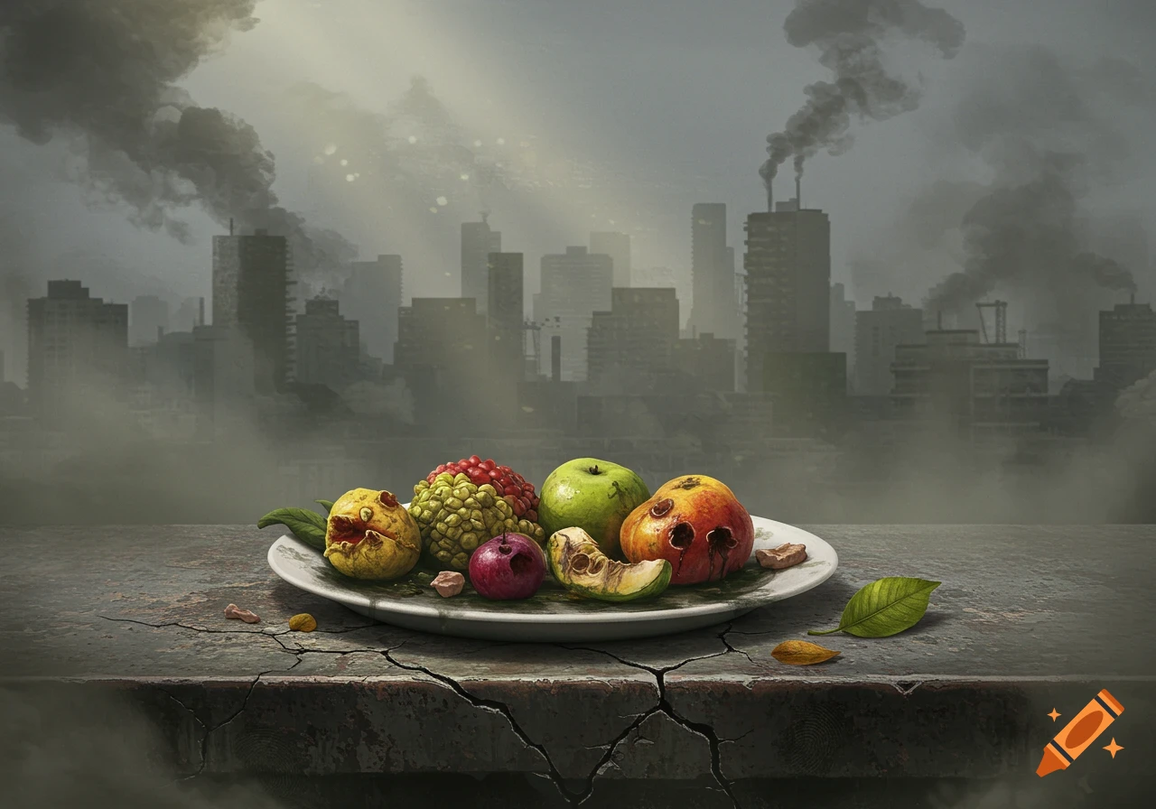 Skull-like, mutated fruits on a plate, set against a backdrop of a polluted, smoke-filled cityscape under a gloomy sky, in a dystopian style.